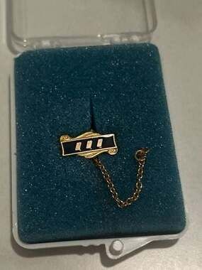 Vintage Roman Numeral III Enamel Hat Lapel Pin with Gold Tone Safety Chain